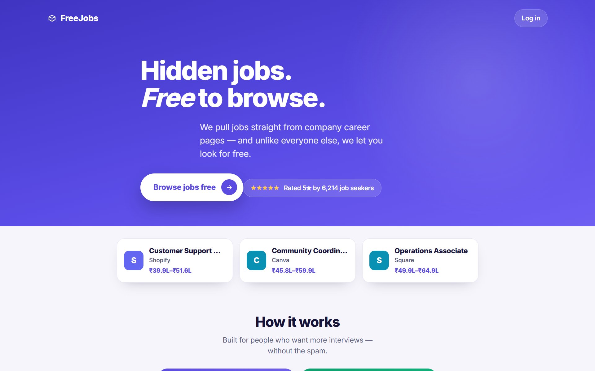 FreeJobs homepage, hidden jobs from company career pages, free to browse