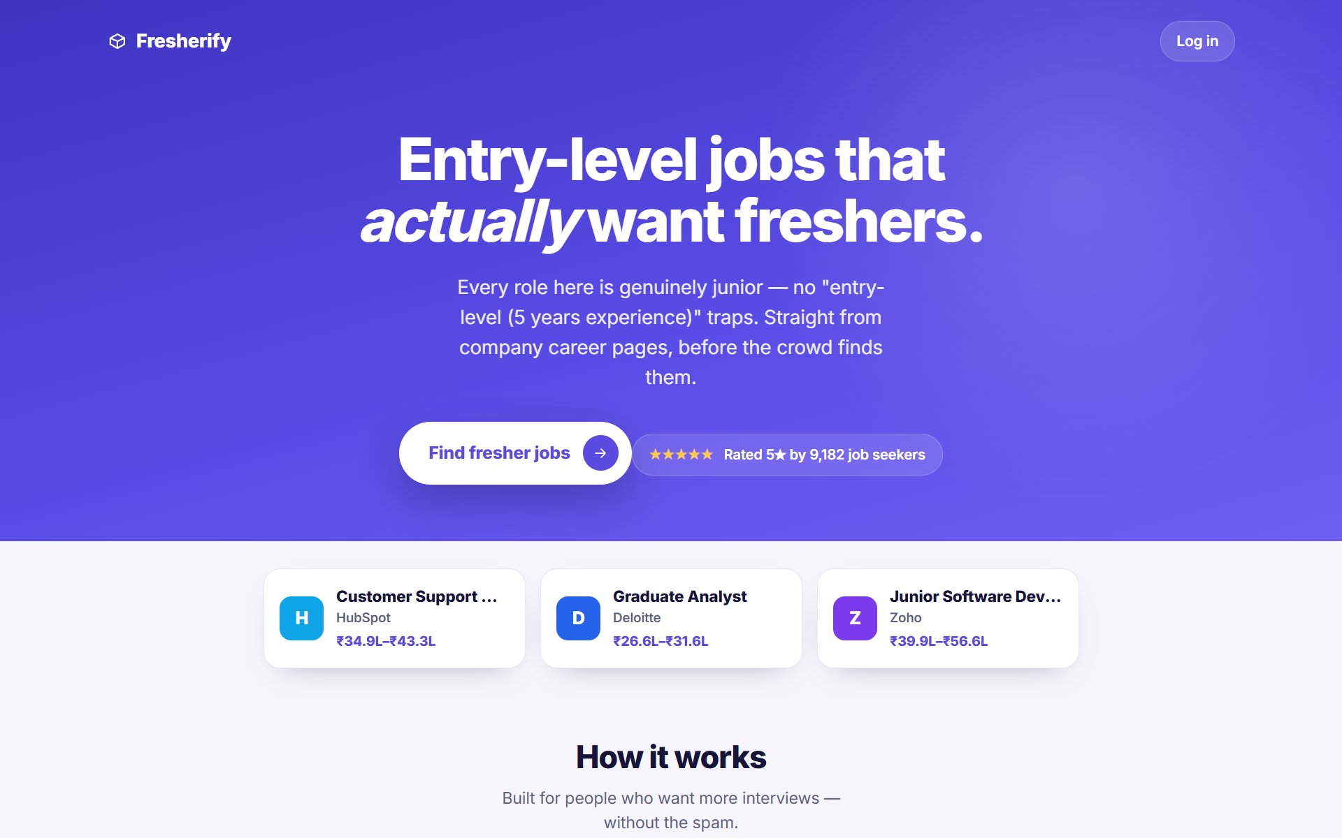 Fresherify homepage, entry-level jobs that actually want freshers, no fake entry-level traps