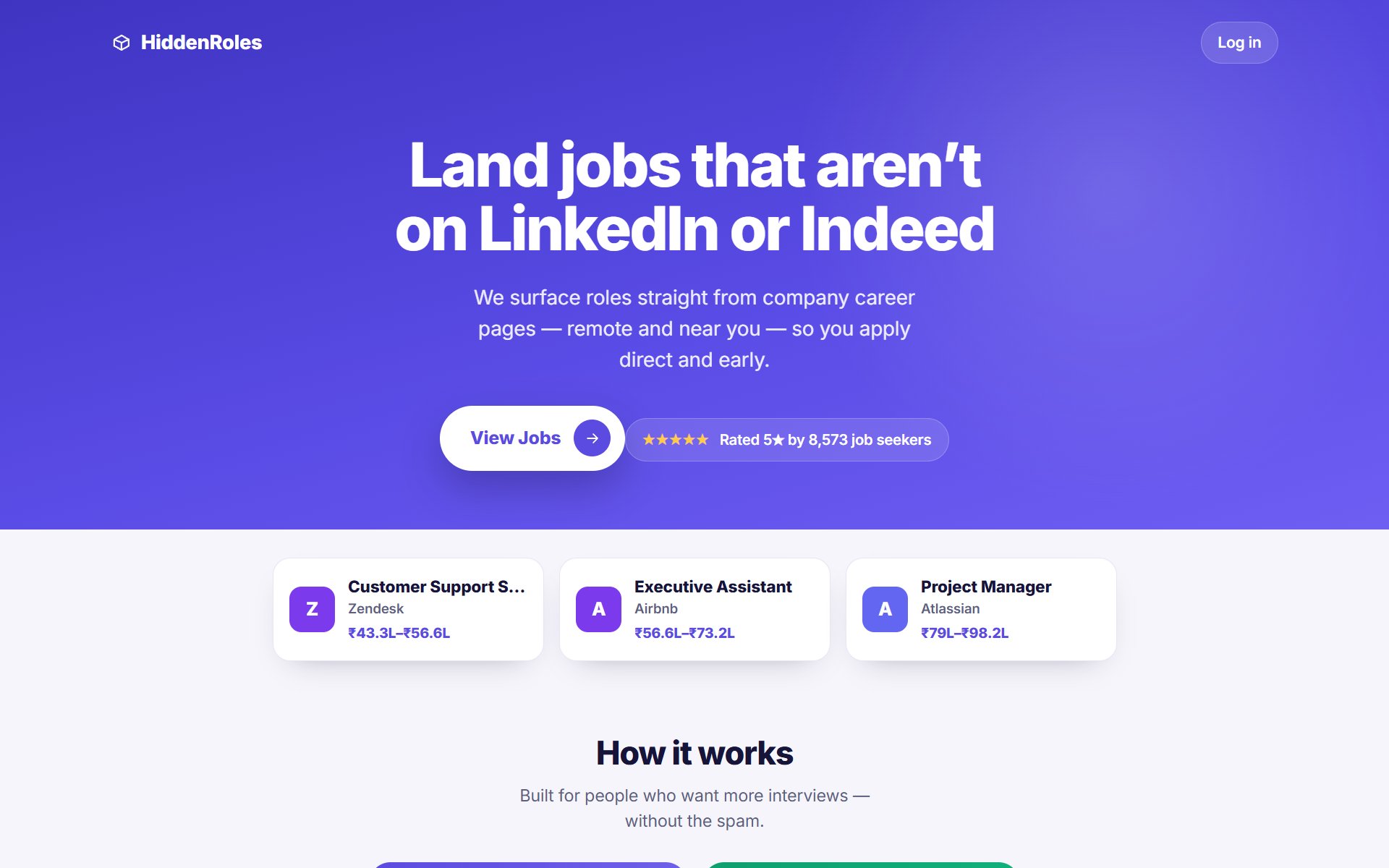 HiddenRoles homepage, land jobs that aren't on LinkedIn or Indeed, sourced from company career pages