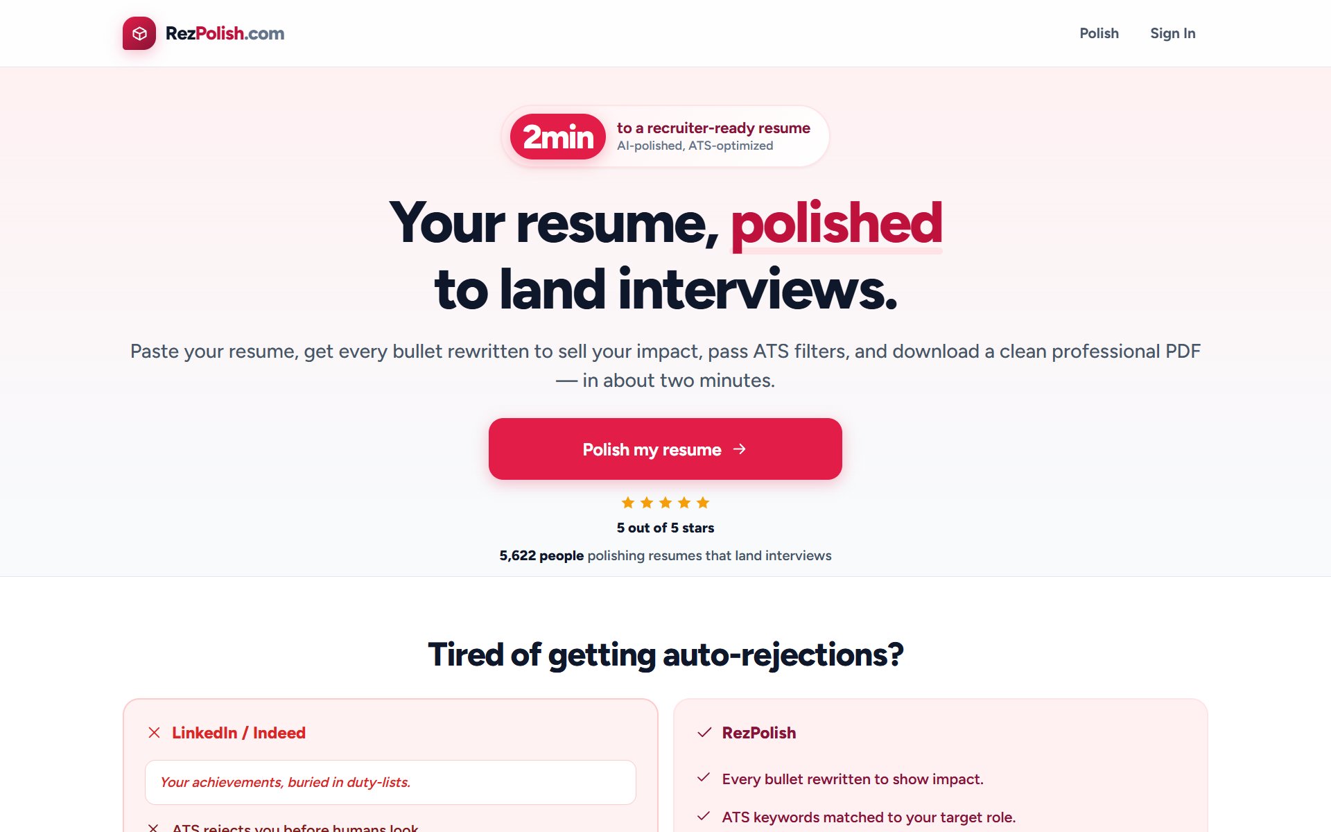 RezPolish homepage, AI resume polish, ATS-optimized and recruiter-ready in two minutes